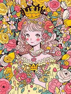 头戴皇冠在花朵中可爱的卡通小公主背景图片