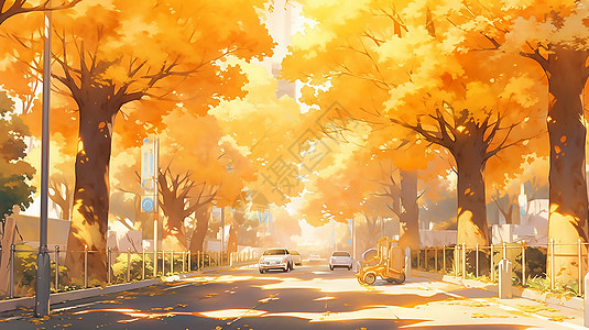 金色树叶道路图片