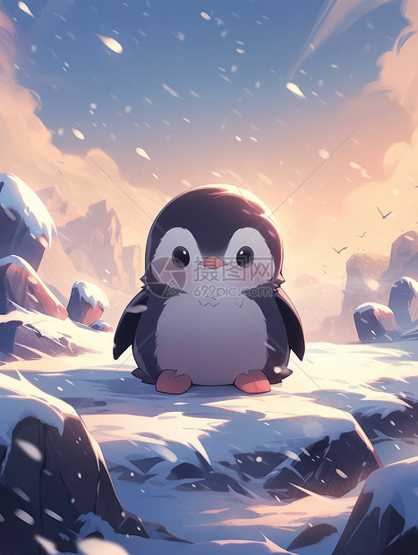 站在雪地中一只可爱的卡通小企鹅图片