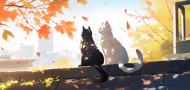 秋日墙上的小猫图片