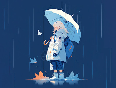 夜晚雨中打着伞的可爱卡通小女孩图片