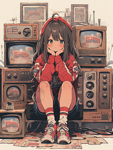 穿红色衣服坐在电视机中间的卡通小女孩图片