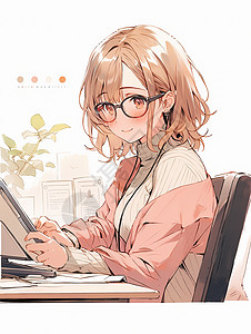 批粉色披肩穿毛衣在电脑前工作的卡通女孩图片