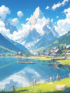 一座漂亮的卡通小山村在湖泊旁图片