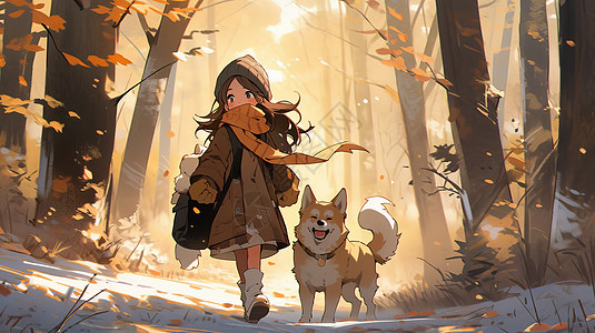深秋与可爱的卡通宠物狗走在树林中的卡通女孩高清图片