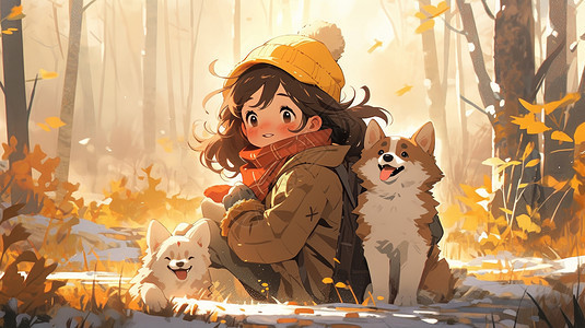 秋天与宠物狗在森林中休息的卡通女孩图片