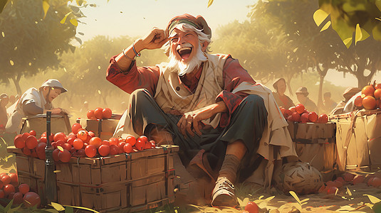 坐在地上开心卖水果的卡通农民图片