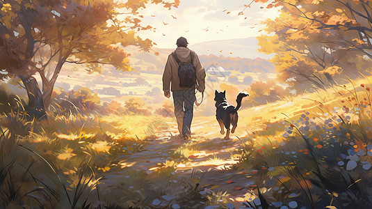 秋天卡通人物与宠物狗在树林中散步图片