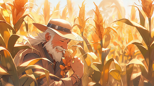 白胡子卡通老伯看着农作物开心笑图片