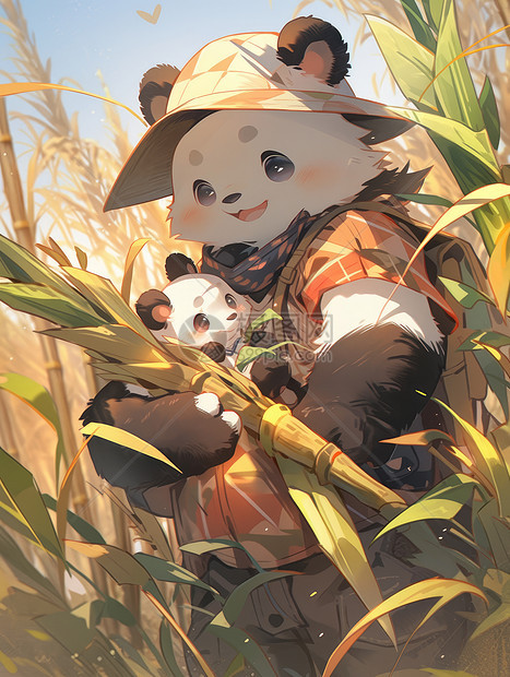 在竹子地中抱着小熊猫的卡通大熊猫图片