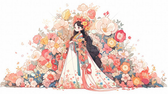古风华丽花朵装扮的卡通小公主图片