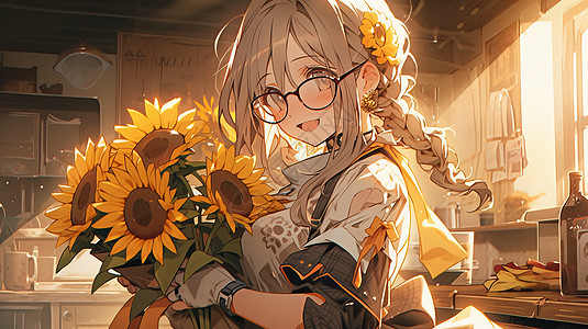 戴眼镜的卡通女老师抱着向日葵花束图片