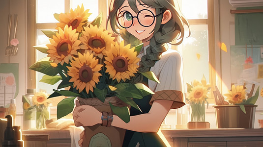 的卡通女老师戴眼镜抱着向日葵花开心笑图片