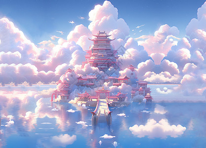 大海上云朵间粉色梦幻卡通古建筑图片