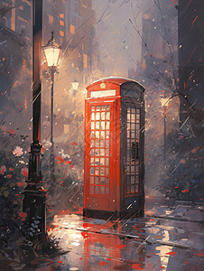 红色电话亭夜晚雨中一座红色复古卡通电话亭插画