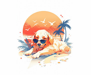 趴在海边沙滩上睡觉度假的卡通狗图片
