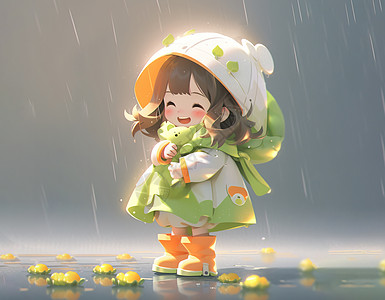 在雨中开心笑的可爱卡通小女孩图片