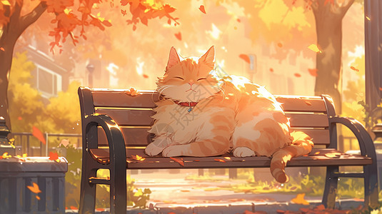 秋天趴在长椅上睡觉可爱的卡通猫图片