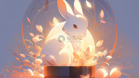坐在灯前可爱的卡通小白兔子图片