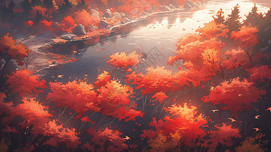 傍晚秋天河边一片火红的卡通树背景图片