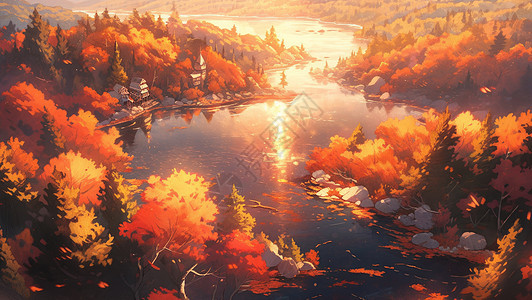 傍晚秋天深山小河旁唯美卡通景色图片