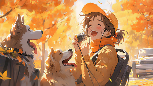 拿着相机的卡通女孩与宠物狗一起开心笑，秋天可爱的卡通狗与卡通女孩在树林中图片