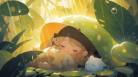 趴在雨中睡觉的可爱卡通小女孩图片