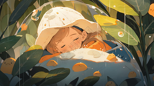 秋天在雨中睡觉的可爱卡通小女孩背景图片
