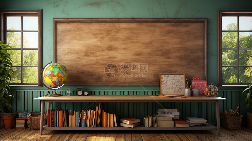 教室内复古木质长长的黑板与书籍图片