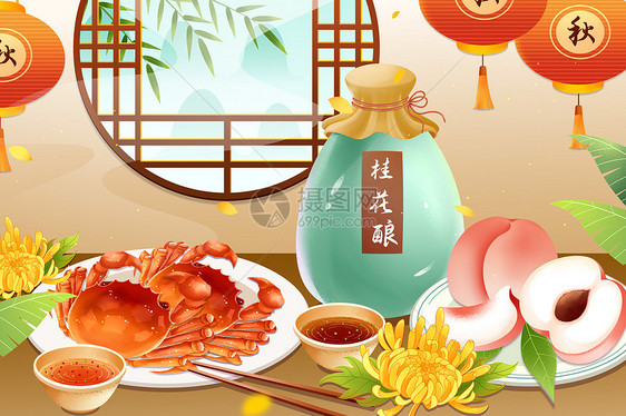 大闸蟹桂花酒秋季美食插画图片