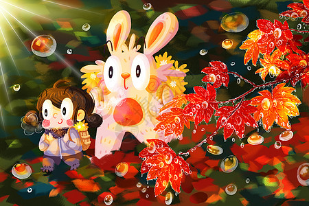 二十四节气寒露女孩兔子枫叶红叶背景海报运营插画图片