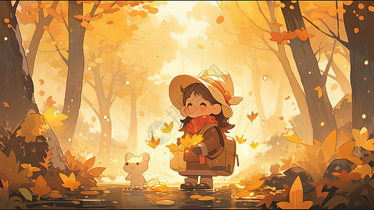秋天在森林中与宠物开心笑的卡通女孩高清图片