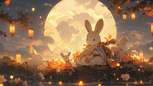 中秋节坐在月亮前的卡通兔子们图片