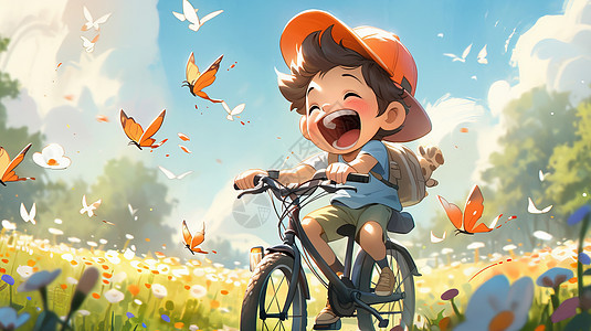骑自行车开心笑卡通小男孩与蝴蝶图片