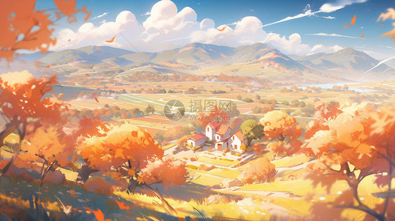 秋天山间唯美的卡通小村落图片