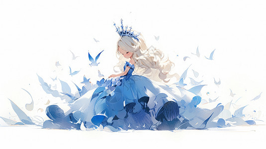 穿蓝色公主裙漂亮的卡通小公主图片