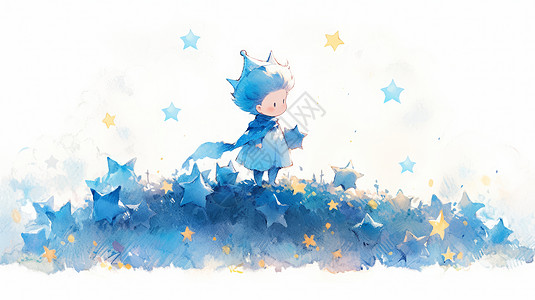 头戴蓝色皇冠手抱着星星的可爱卡通小男孩图片