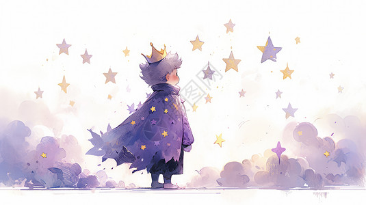 穿紫色衣服看星星的卡通小王子图片