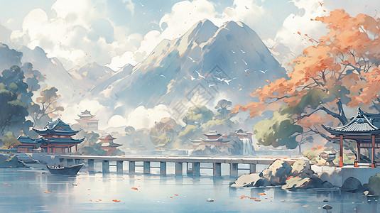 秋天水墨风卡通古建筑山水风景图片