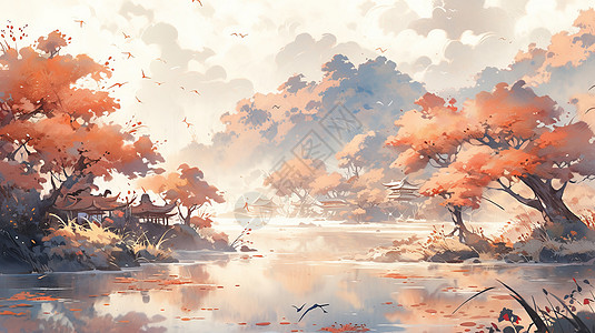 秋天湖边几座古风卡通小亭子唯美风景图片