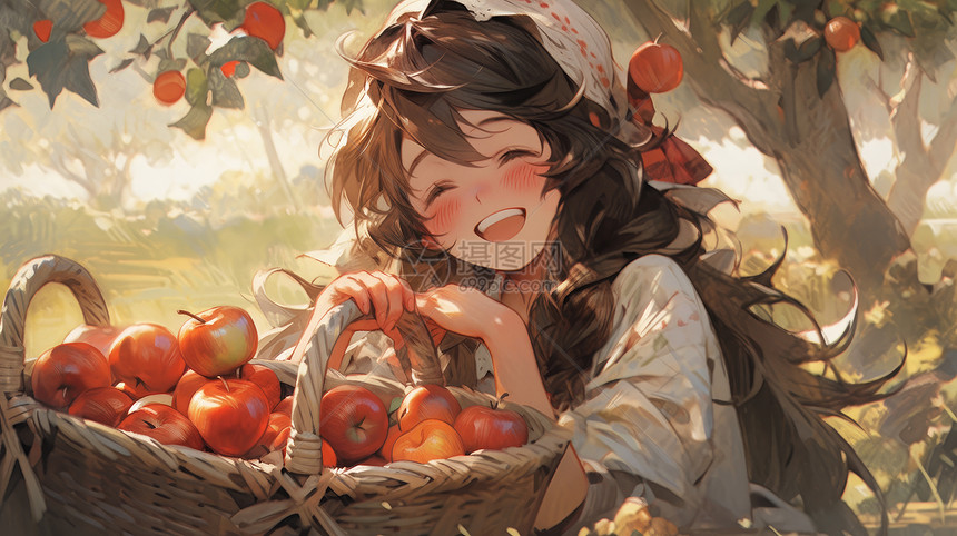 在树下抱着一篮苹果开心笑卡通女孩图片