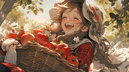 秋天提着一篮苹果开心笑卡通女孩背景图片