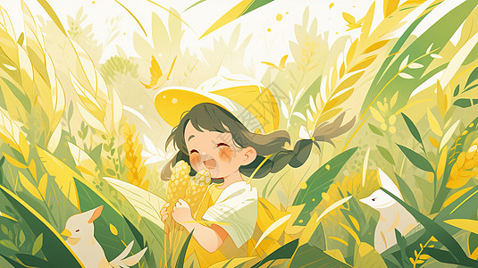 秋天戴着黄色帽子抱着麦子可爱的卡通小女孩图片