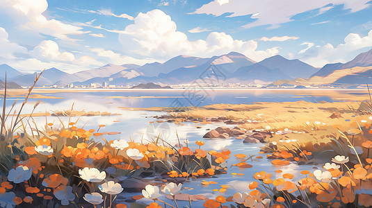 秋天湖泊旁开满美丽的花朵卡通风景图片