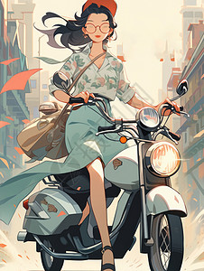 骑电动车穿绿色裙子时尚的卡通女人图片