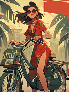 自行车复古穿红色裙子骑自行车时尚复古的卡通女人插画