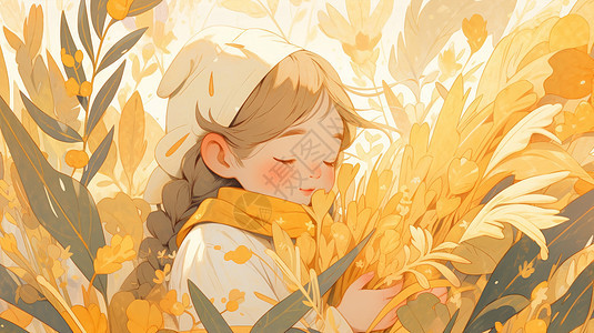 秋天在田野里抱着植物的可爱卡通女孩图片