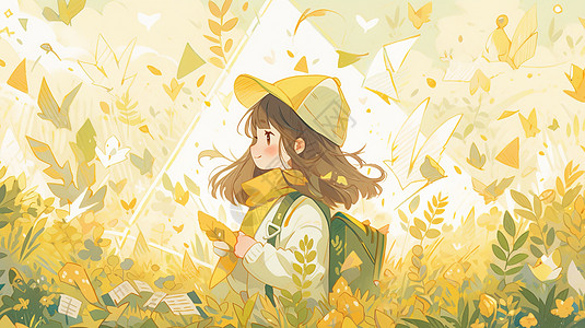 戴着黄色帽子背书包站在植物中间的卡通女孩数字艺术插画