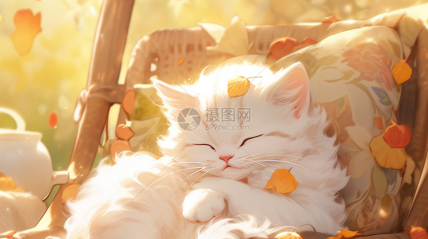 秋天椅在靠枕上睡觉的卡通小白猫图片