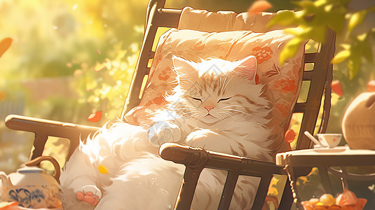 秋天躺在休闲木椅上睡觉的卡通小花猫图片